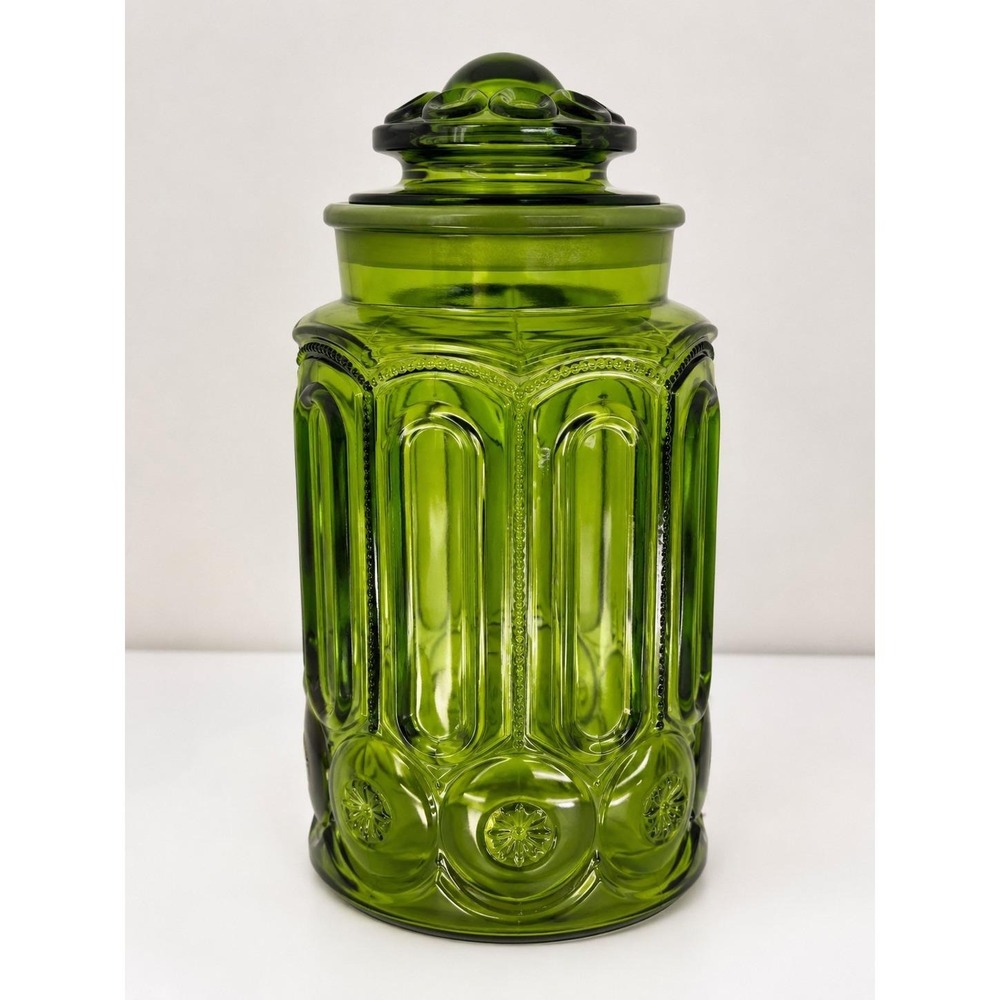 Vintage L.E. Smith Moon & Stars Green Glass 10" Canister Jar w/Lid MCM